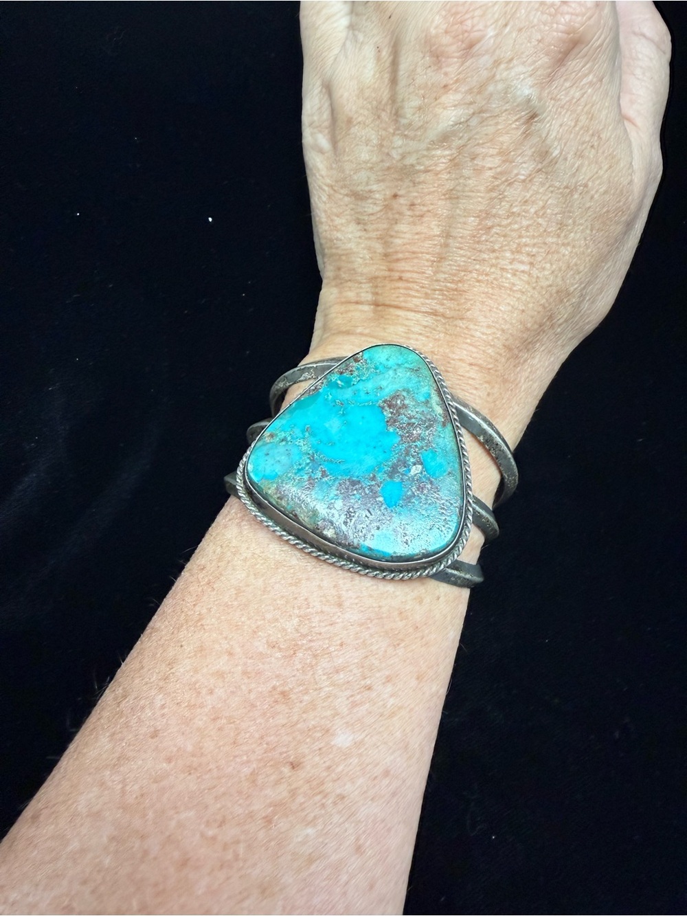 Heavy Sterling Silver Turquoise Statement Cuff Bracelet - Blue-Green Stone - Picture 2 of 5